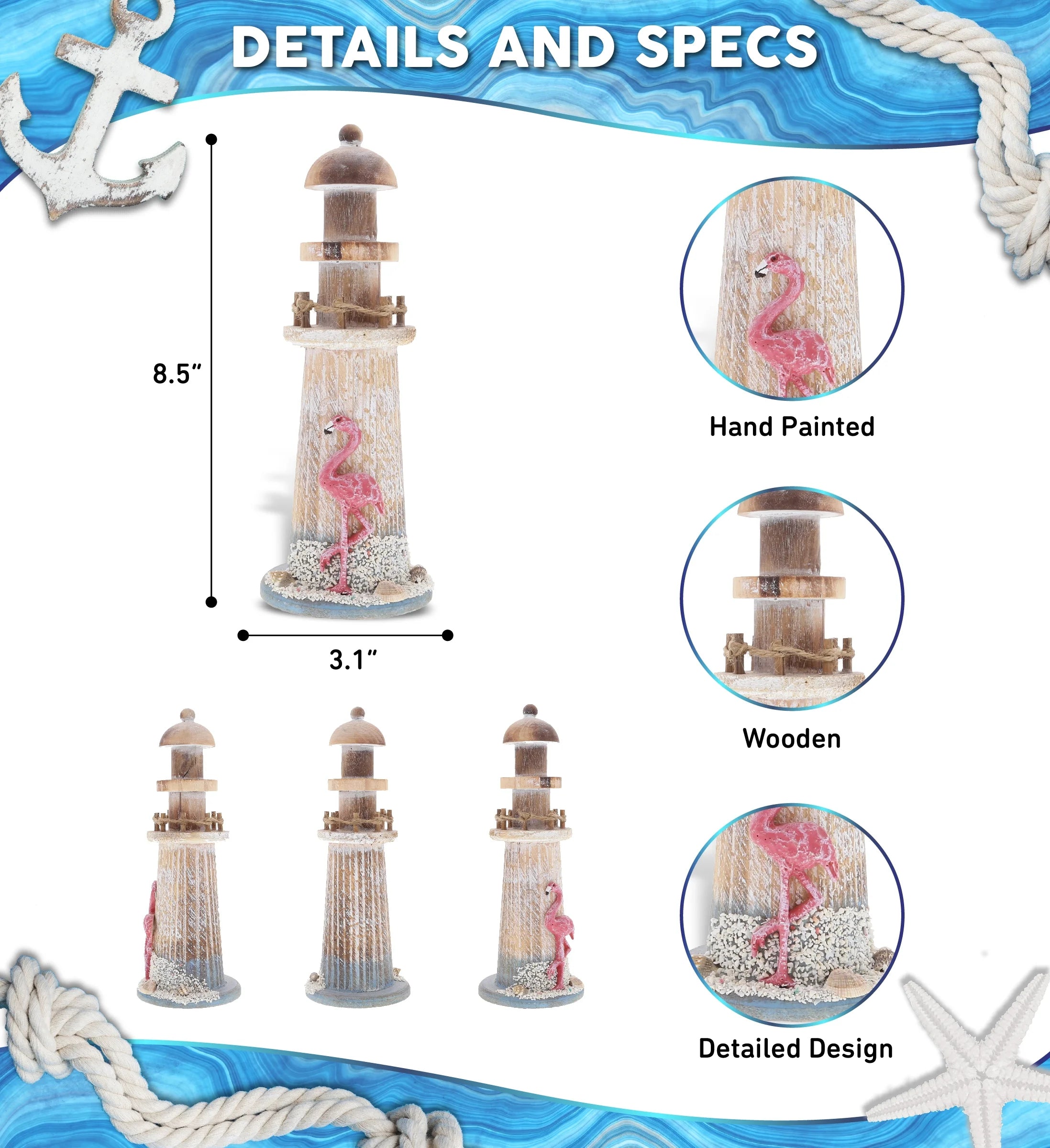 Flamingo Beach Lighthouse Decor - Handmade and Crafted Wooden Lighthouse Decoration with Sea Shells, Decorative Beach Style Tabletop Centerpiece - 8.5 Inch