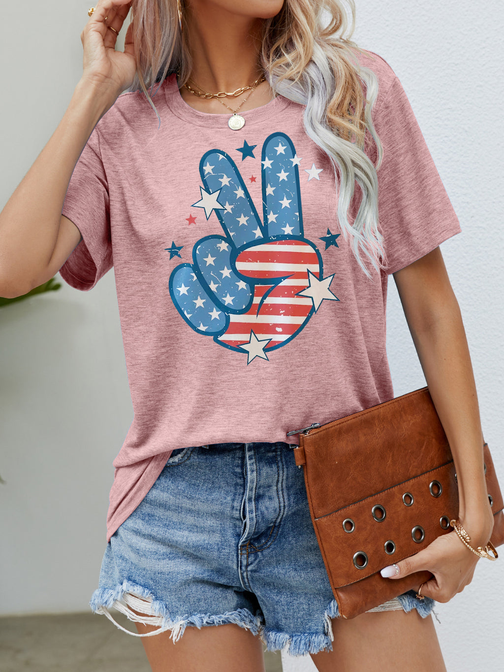  Round Neck USA Short Sleeve Printed Day T-shirt Pink