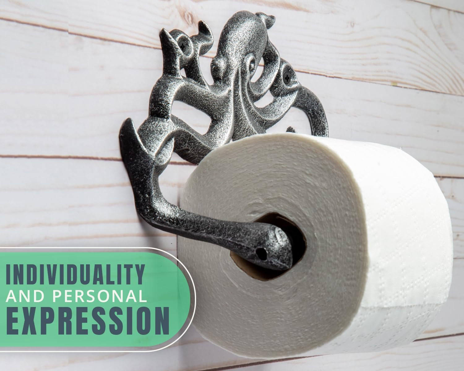 Decorative Cast Iron Octopus Toilet Paper Roll Holder – Wall Mounted Octopus Decor for Bathroom – Kraken, Nautical Bathroom Accessories – Included Screws and Anchors - Silver & Black