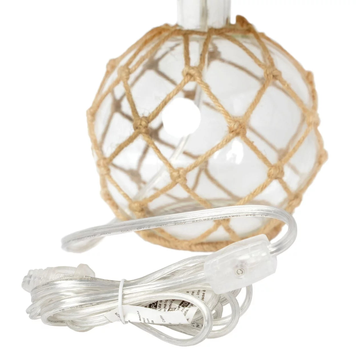 Buoy Rope Nautical Netted Coastal Ocean Sea Glass Table Lamp with Burlap Fabric Shade, Clear