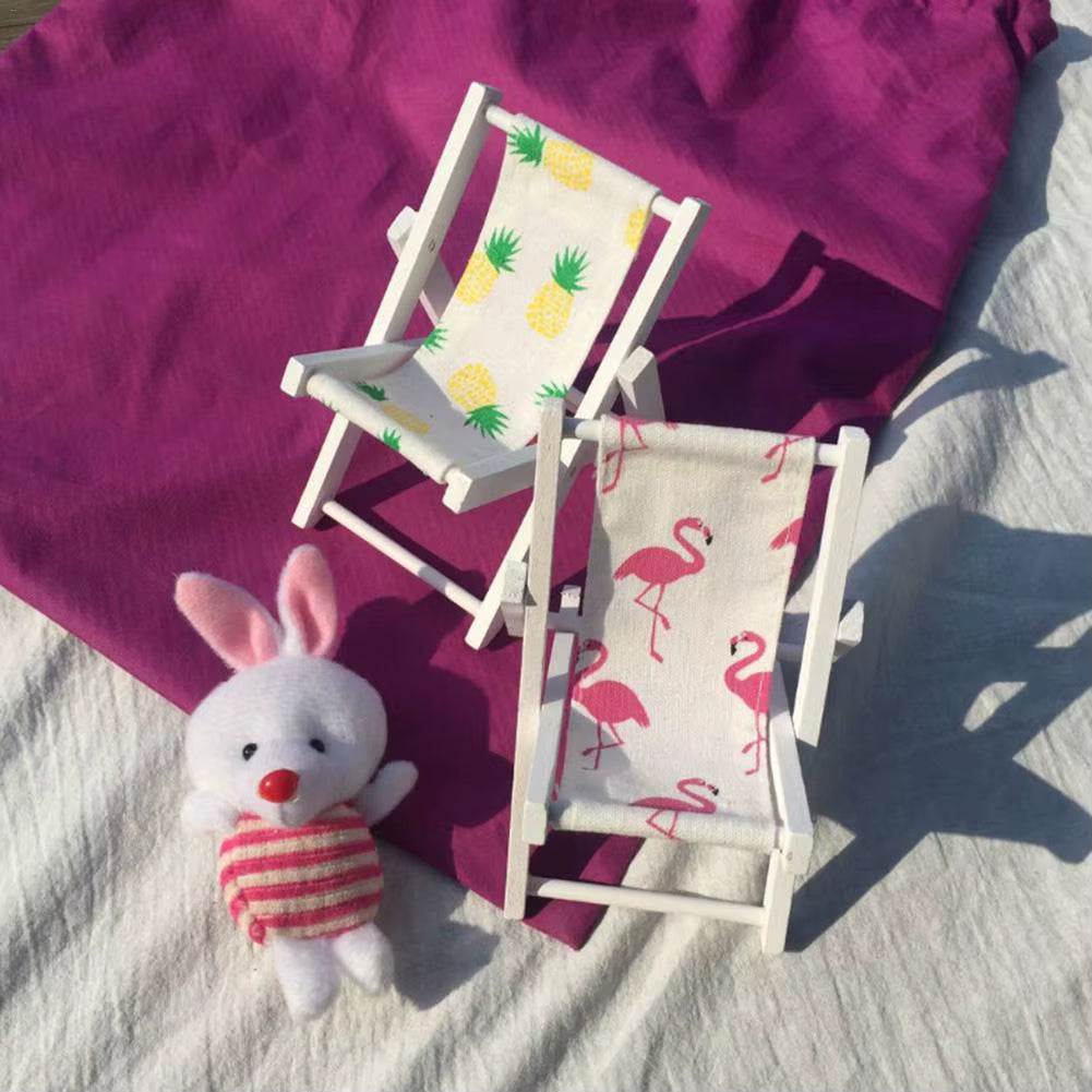 Pink Flamingo Pineapple Pattern Wooden Mini Beach Chair Desktop Figurines Miniatures Home Decor