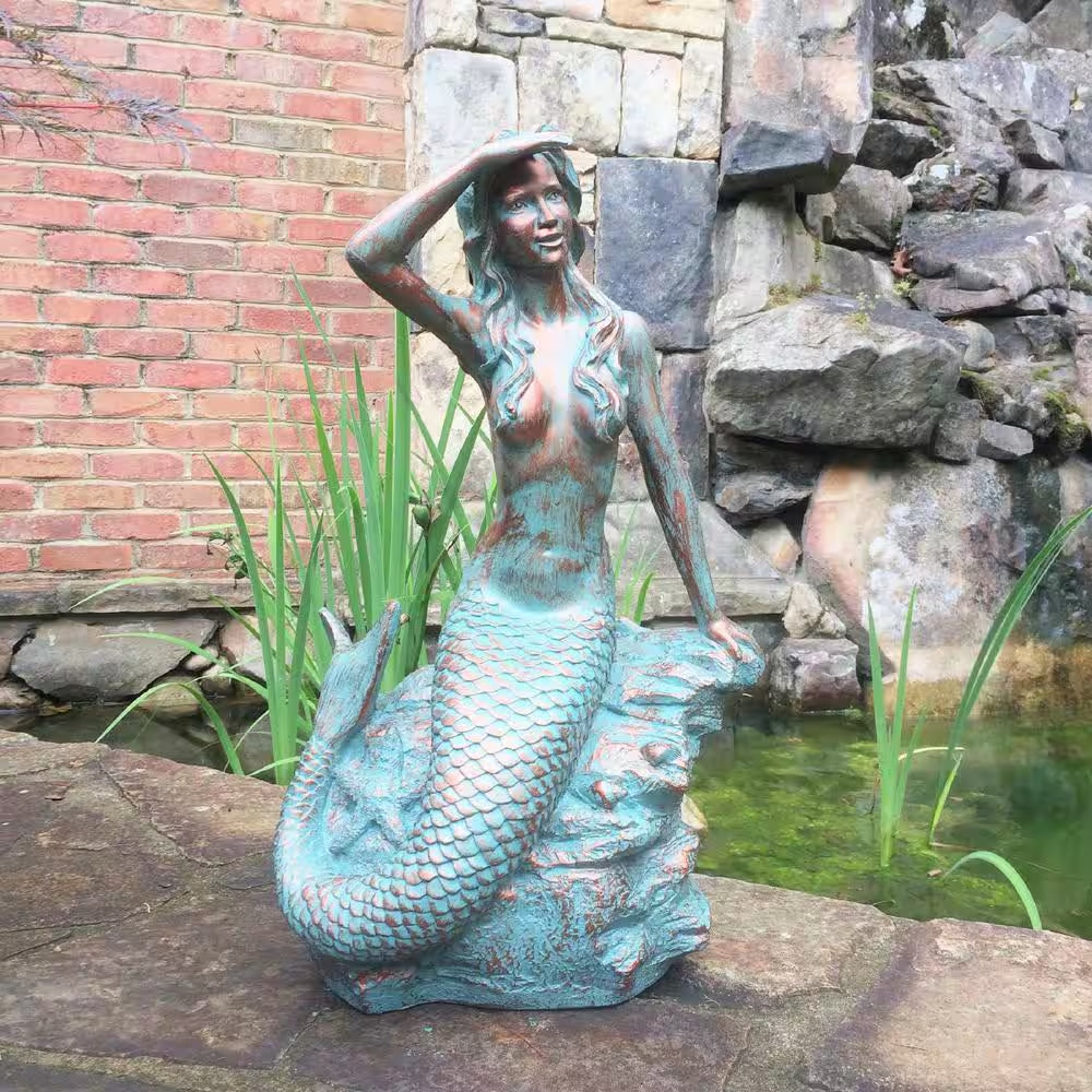 22 In. Classic Mermaid Bronze Patina Sitting on Coastal Rock Beach Collectible Statue