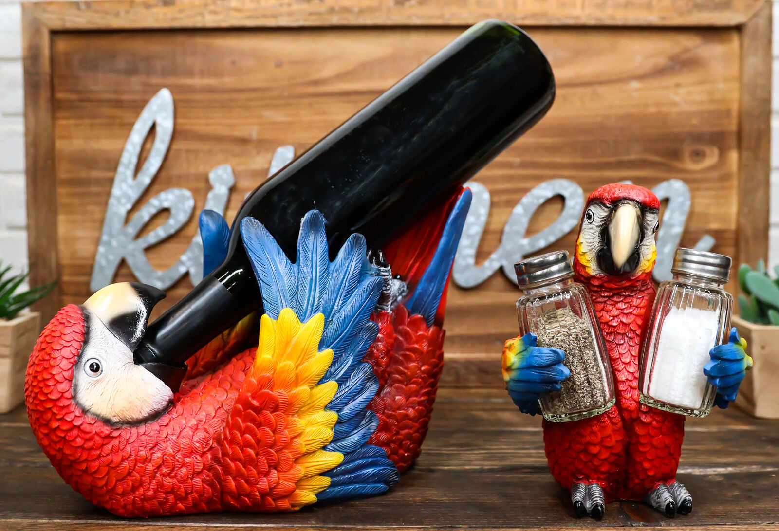 Red Scarlet Macaw Parrot Wine Bottle and Salt Pepper Shakers Holder Figurine Set