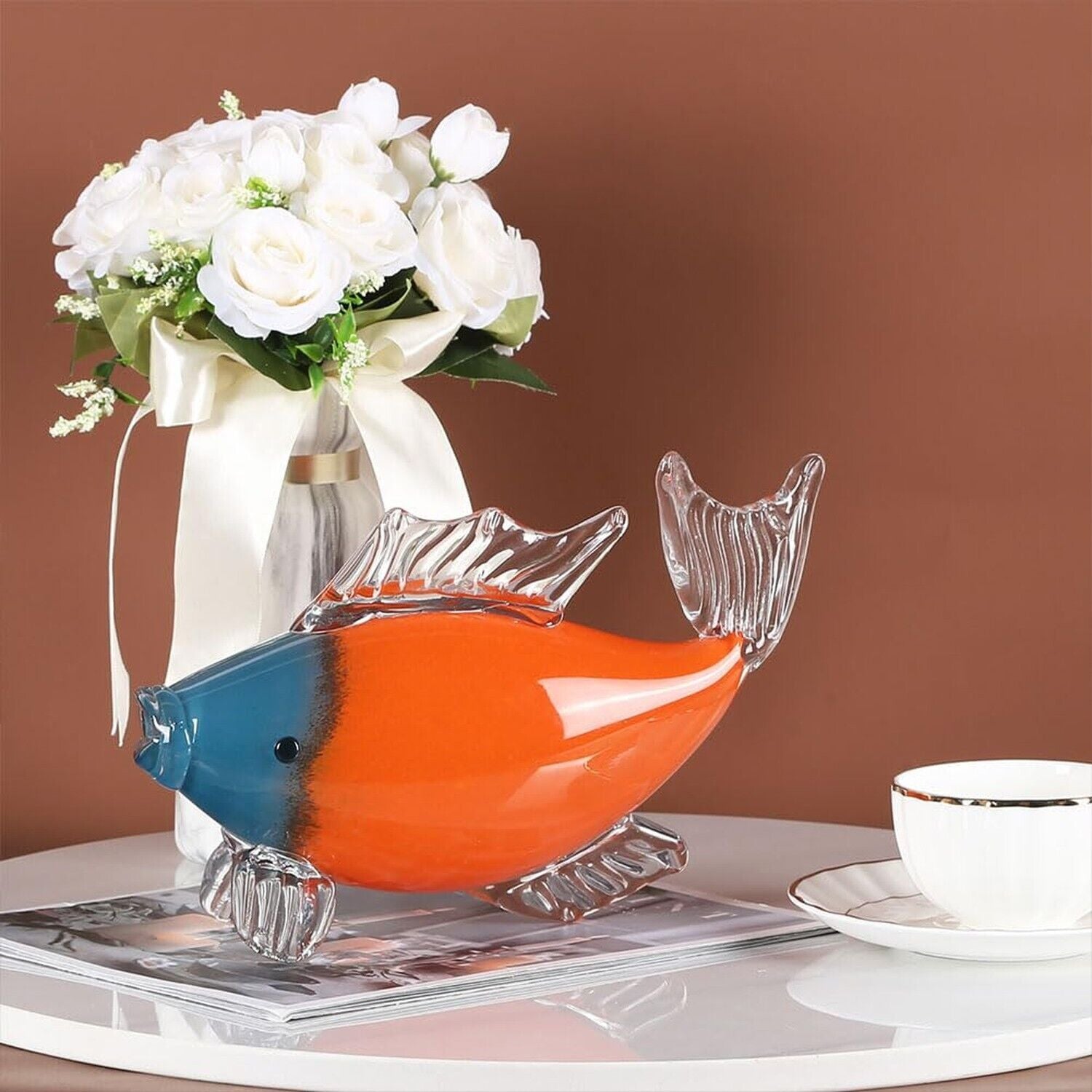 Handcrafted Glass Fish Sculpture - Transparent with Blue and Orange Accents 