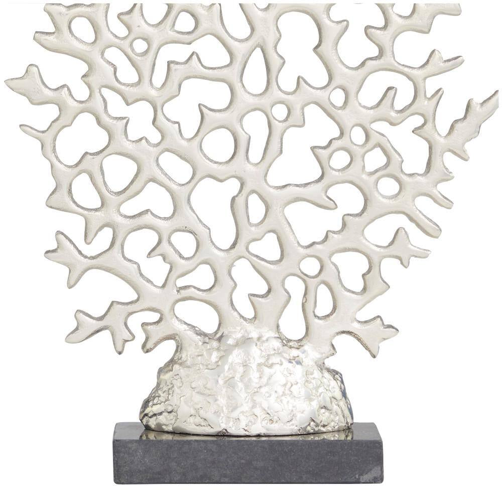 3 In. X 16 In. Silver Aluminum Coral Sculpture with Marble Base