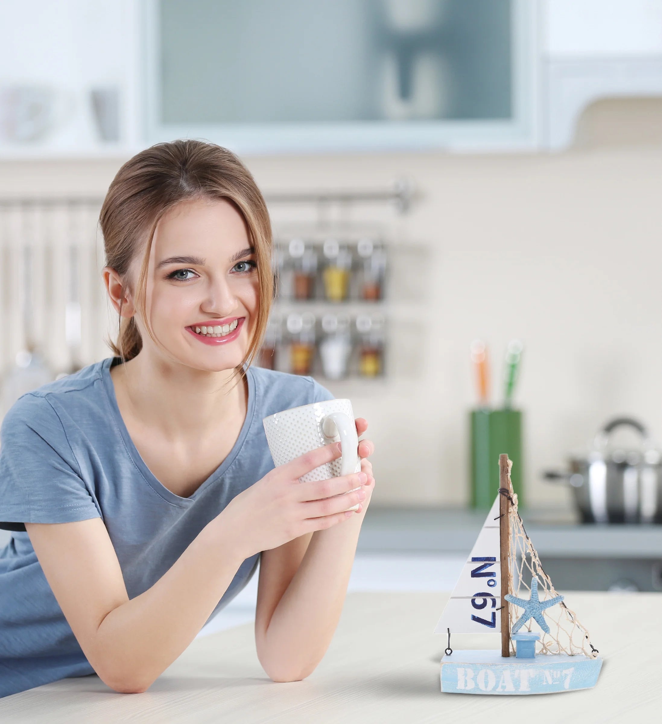 Blue Sailboat Decor – Handmade Wooden Boat Decor, Beach Style Model Sail Boat Decorations, Nautical Themed Table Top Decor Living Room Centerpiece - 8 Inch