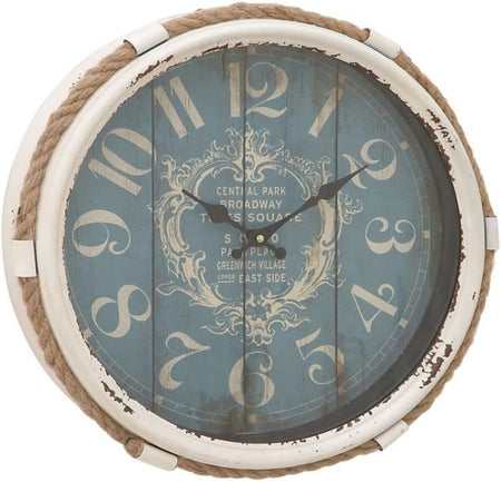 Metal Scroll Decorative Wall Clock Wall Clock for Home with Distressed White Frame and Rope Accent, 17" X 2" X 17", Blue
