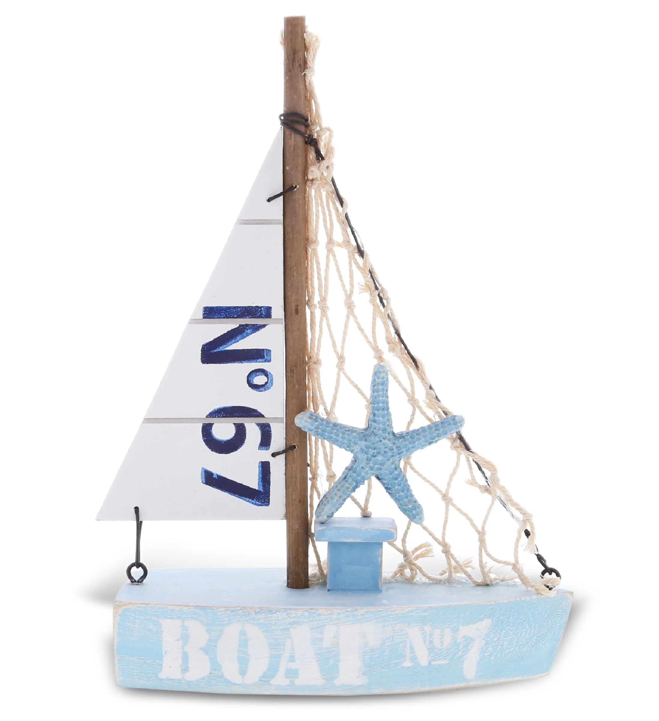 Blue Sailboat Decor – Handmade Wooden Boat Decor, Beach Style Model Sail Boat Decorations, Nautical Themed Table Top Decor Living Room Centerpiece - 8 Inch