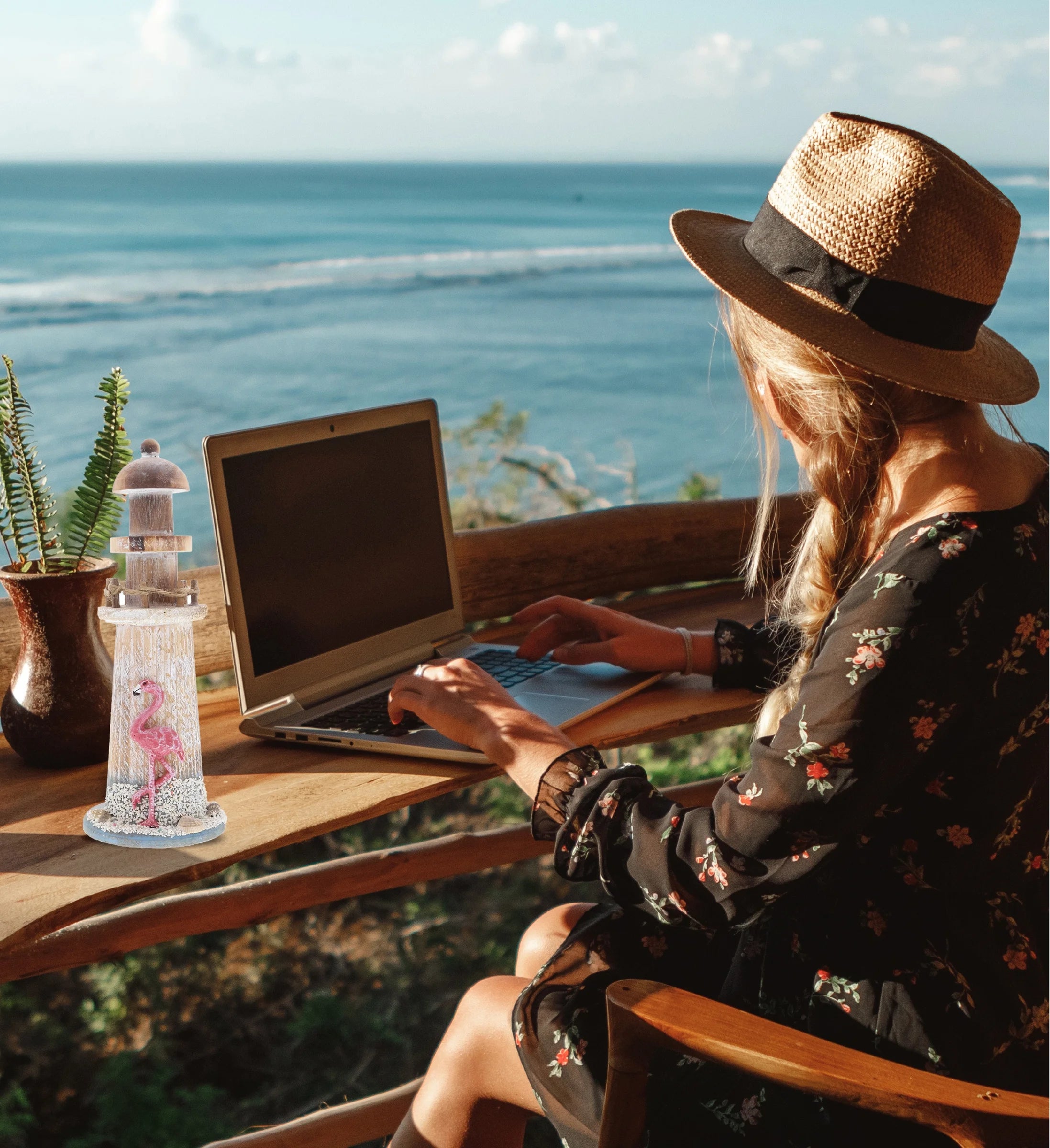 Flamingo Beach Lighthouse Decor - Handmade and Crafted Wooden Lighthouse Decoration with Sea Shells, Decorative Beach Style Tabletop Centerpiece - 8.5 Inch